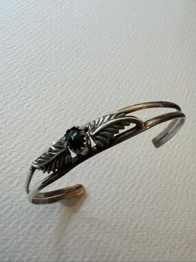 Native American Sterling Silver Leaf Cuff Bracelet with Black Stone
